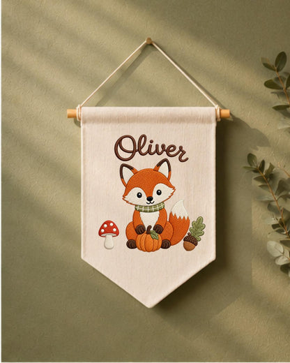 Personalized Fox Nursery Wall Hanging, Custom Name Embroidered Banner, Woodland Fall Baby Room Decor, Cute Forest Animal Nursery Gift