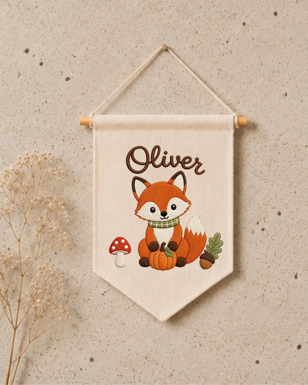 Personalized Fox Nursery Wall Hanging, Custom Name Embroidered Banner, Woodland Fall Baby Room Decor, Cute Forest Animal Nursery Gift