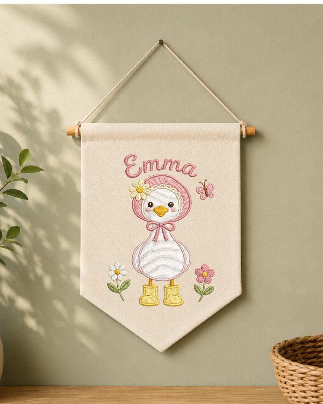 Personalized Goose Nursery Wall Hanging, Custom Name Embroidered Banner, Floral Baby Girl Room Decor, Cute Duck Nursery Gift