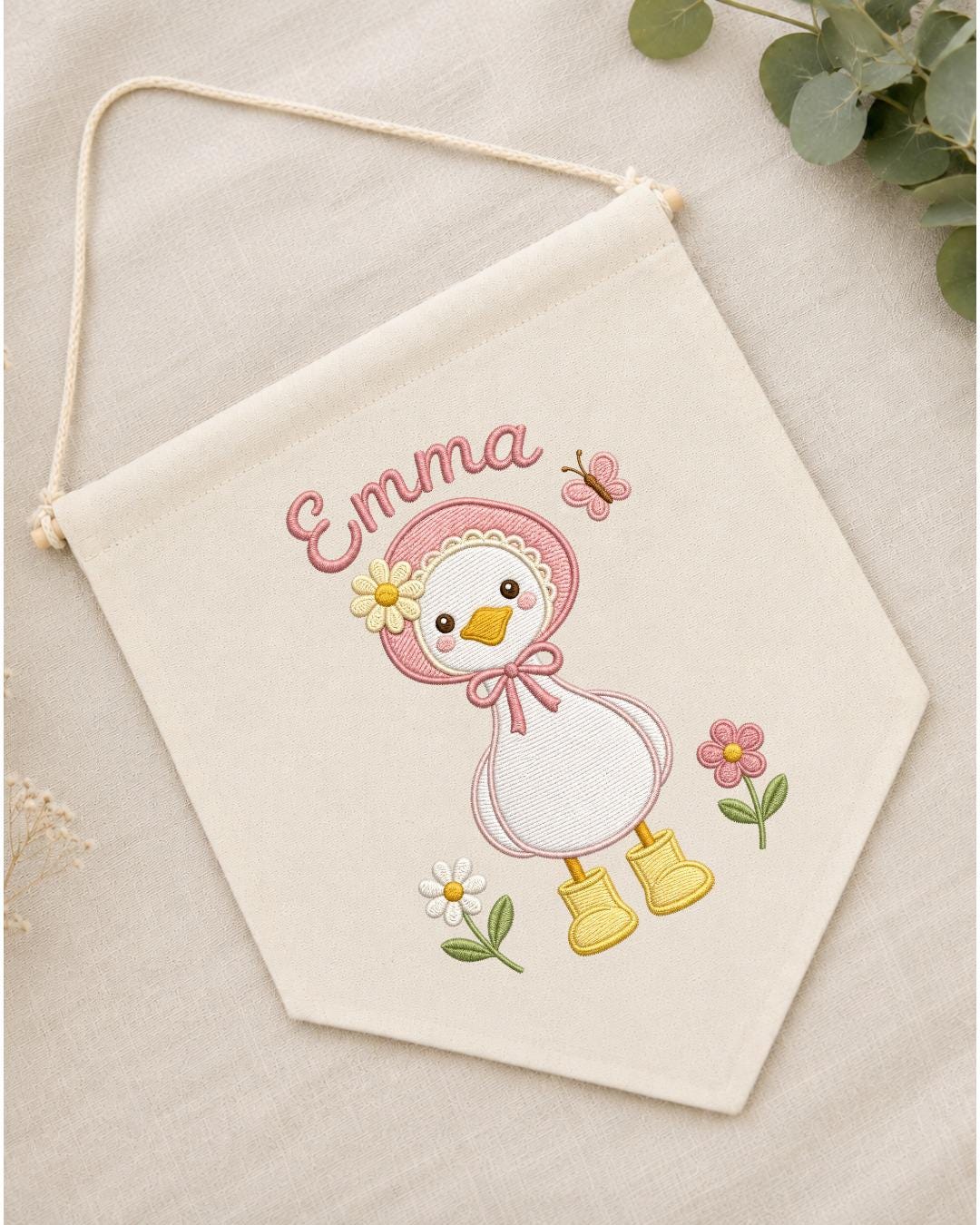 Personalized Goose Nursery Wall Hanging, Custom Name Embroidered Banner, Floral Baby Girl Room Decor, Cute Duck Nursery Gift
