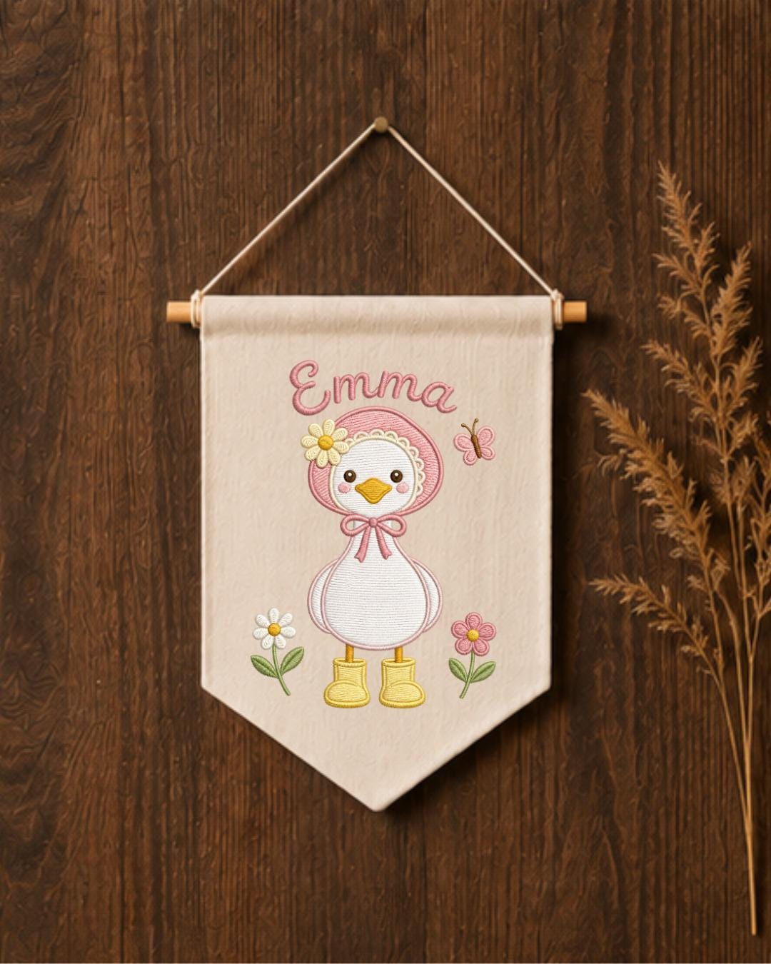 Personalized Goose Nursery Wall Hanging, Custom Name Embroidered Banner, Floral Baby Girl Room Decor, Cute Duck Nursery Gift