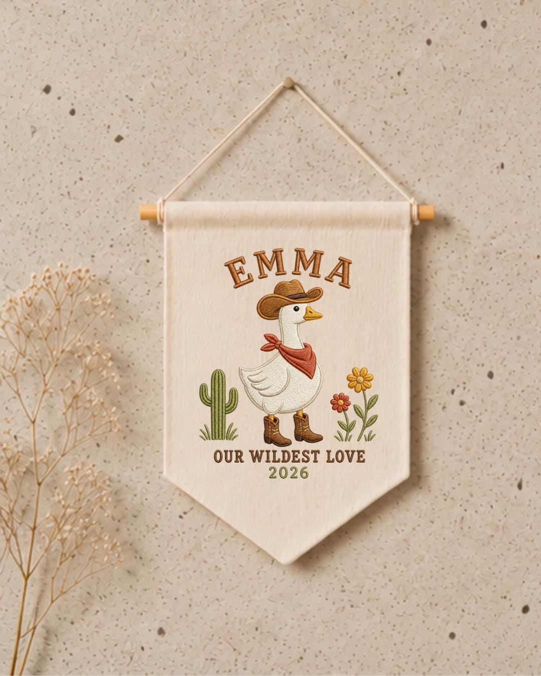 Personalized Cowboy Goose Wall Hanging, Custom Name Embroidered Western Banner, Cowgirl Nursery Decor, Rustic Baby Girl Room Gift