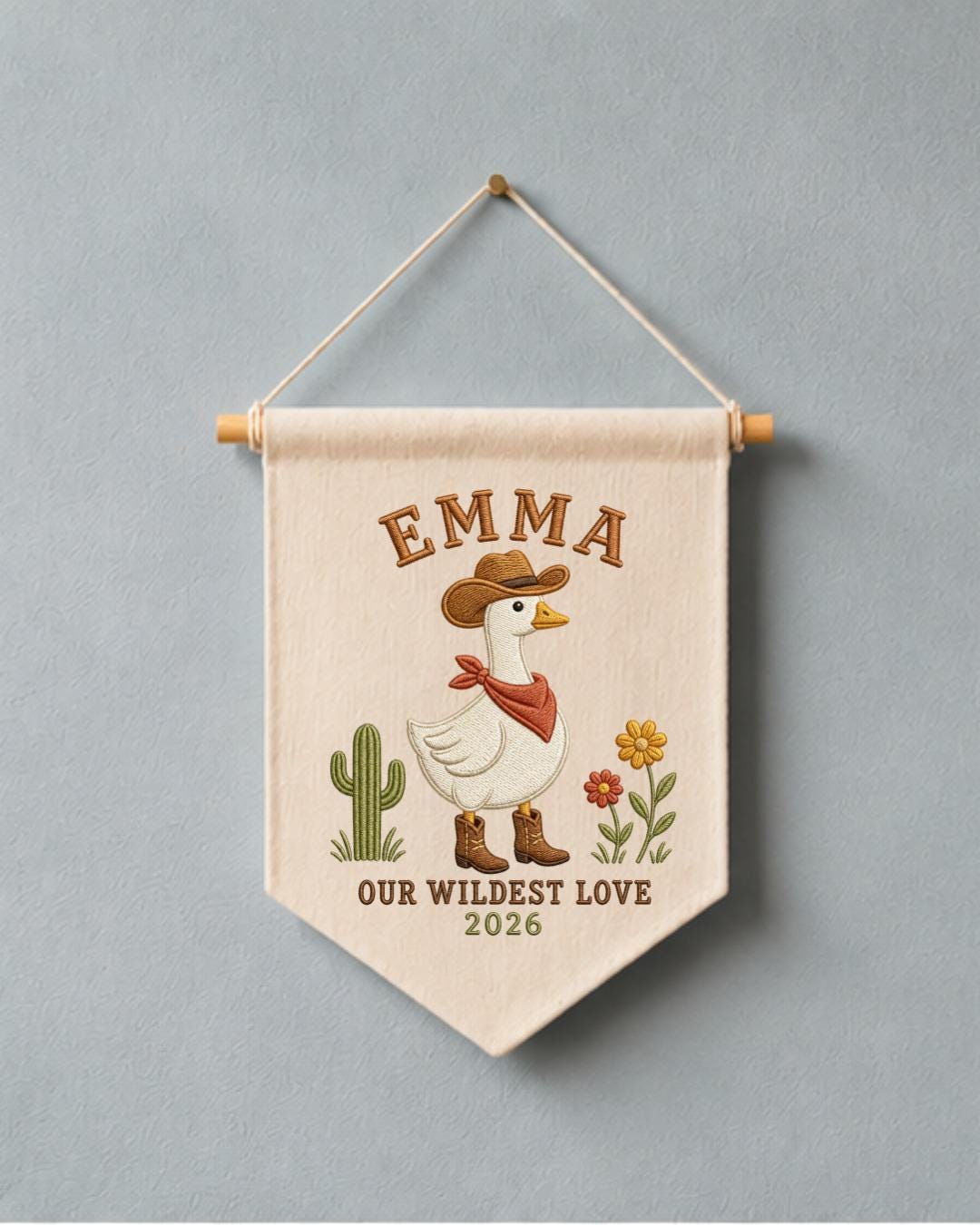 Personalized Cowboy Goose Wall Hanging, Custom Name Embroidered Western Banner, Cowgirl Nursery Decor, Rustic Baby Girl Room Gift