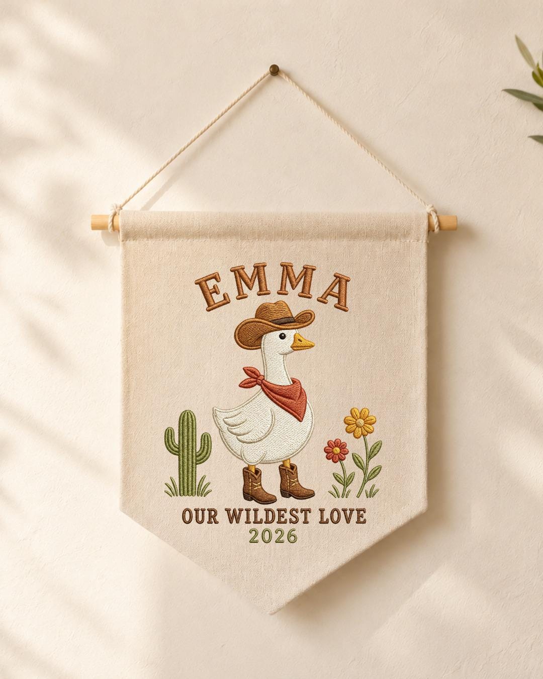 Personalized Cowboy Goose Wall Hanging, Custom Name Embroidered Western Banner, Cowgirl Nursery Decor, Rustic Baby Girl Room Gift