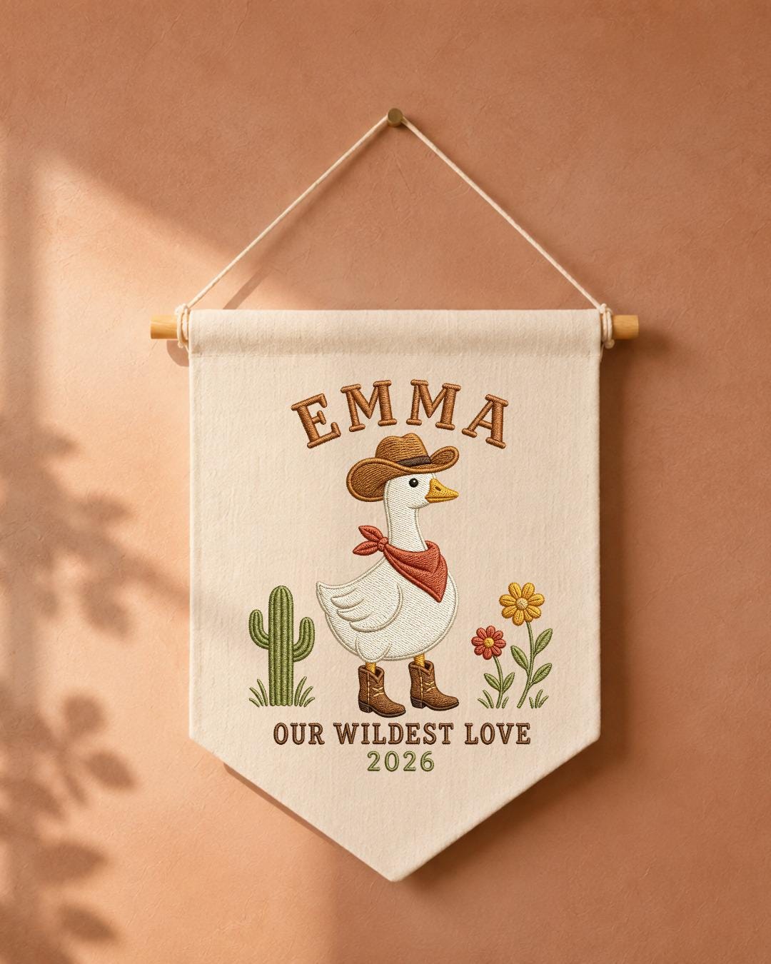 Personalized Cowboy Goose Wall Hanging, Custom Name Embroidered Western Banner, Cowgirl Nursery Decor, Rustic Baby Girl Room Gift