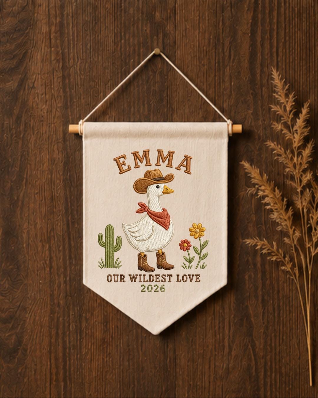 Personalized Cowboy Goose Wall Hanging, Custom Name Embroidered Western Banner, Cowgirl Nursery Decor, Rustic Baby Girl Room Gift