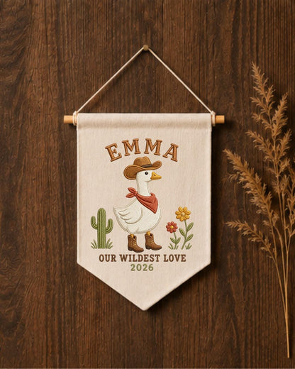 Personalized Cowboy Goose Wall Hanging, Custom Name Embroidered Western Banner, Cowgirl Nursery Decor, Rustic Baby Girl Room Gift