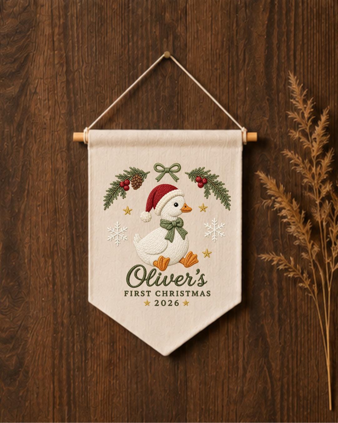 Personalized First Christmas Goose Wall Hanging, Custom Name Embroidered Christmas Banner, Baby Holiday Nursery Decor, Newborn Keepsake Gift