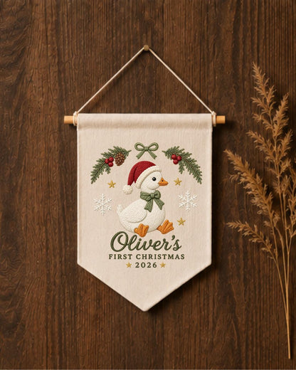 Personalized First Christmas Goose Wall Hanging, Custom Name Embroidered Christmas Banner, Baby Holiday Nursery Decor, Newborn Keepsake Gift