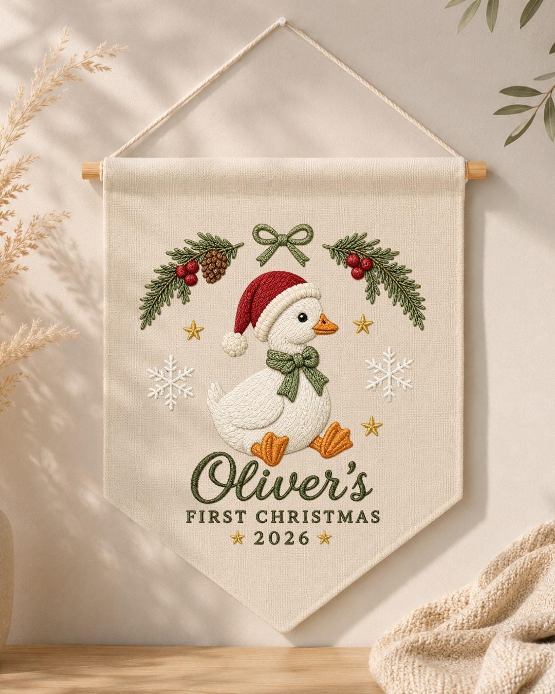 Personalized First Christmas Goose Wall Hanging, Custom Name Embroidered Christmas Banner, Baby Holiday Nursery Decor, Newborn Keepsake Gift