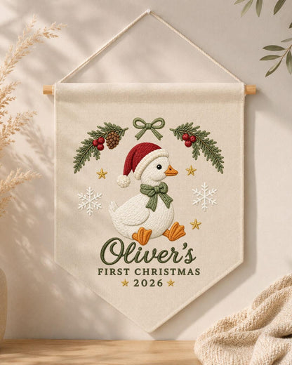 Personalized First Christmas Goose Wall Hanging, Custom Name Embroidered Christmas Banner, Baby Holiday Nursery Decor, Newborn Keepsake Gift
