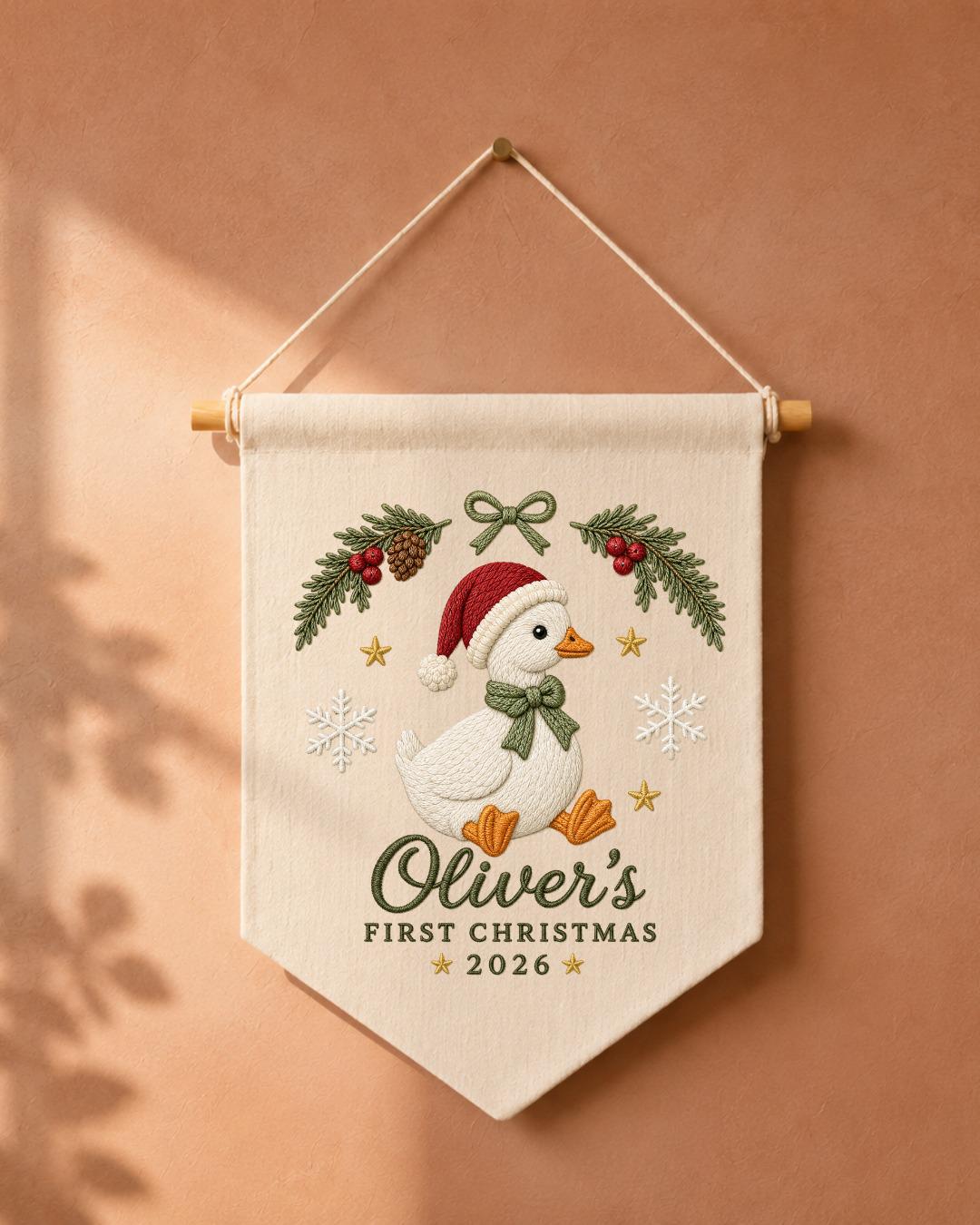 Personalized First Christmas Goose Wall Hanging, Custom Name Embroidered Christmas Banner, Baby Holiday Nursery Decor, Newborn Keepsake Gift