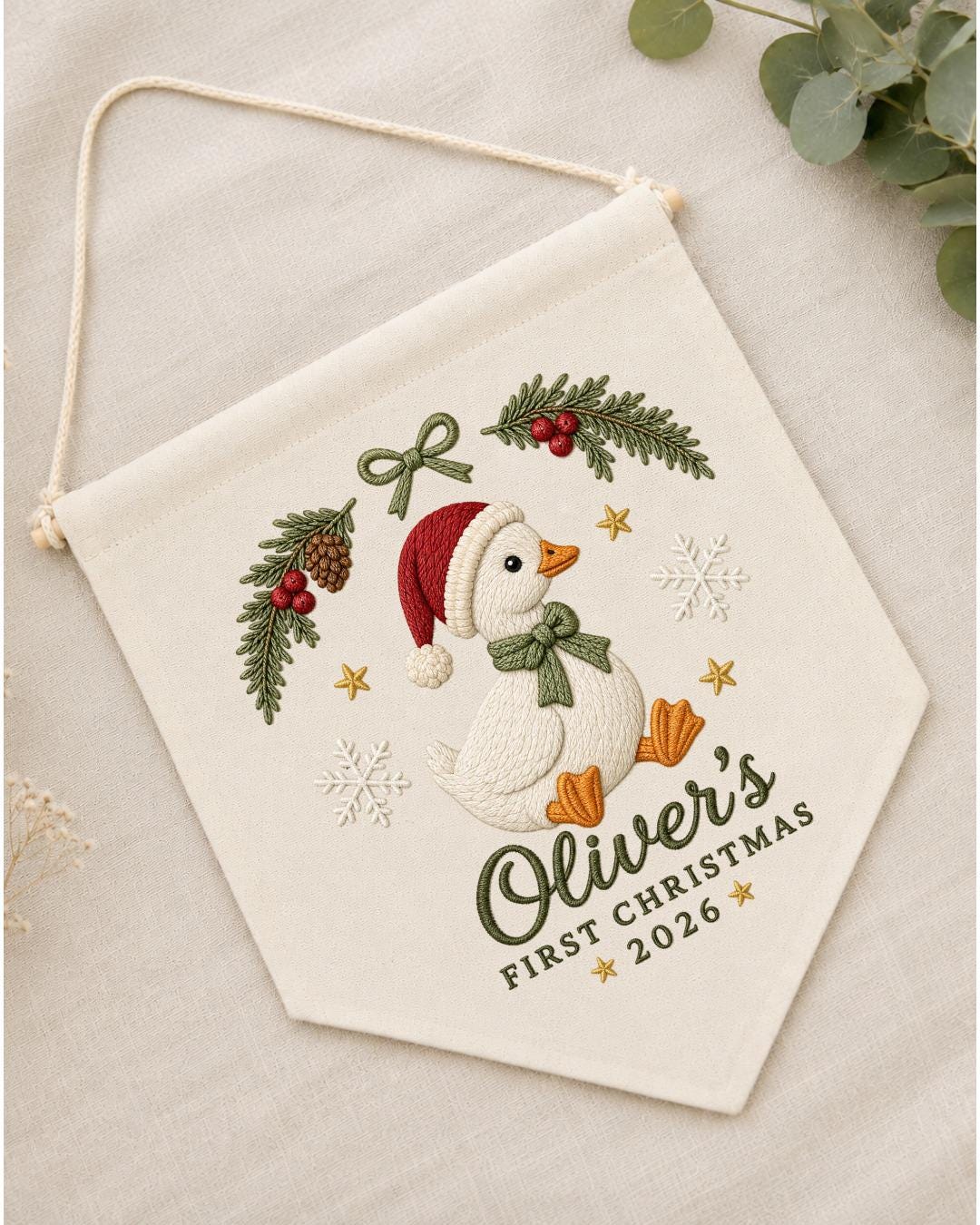 Personalized First Christmas Goose Wall Hanging, Custom Name Embroidered Christmas Banner, Baby Holiday Nursery Decor, Newborn Keepsake Gift