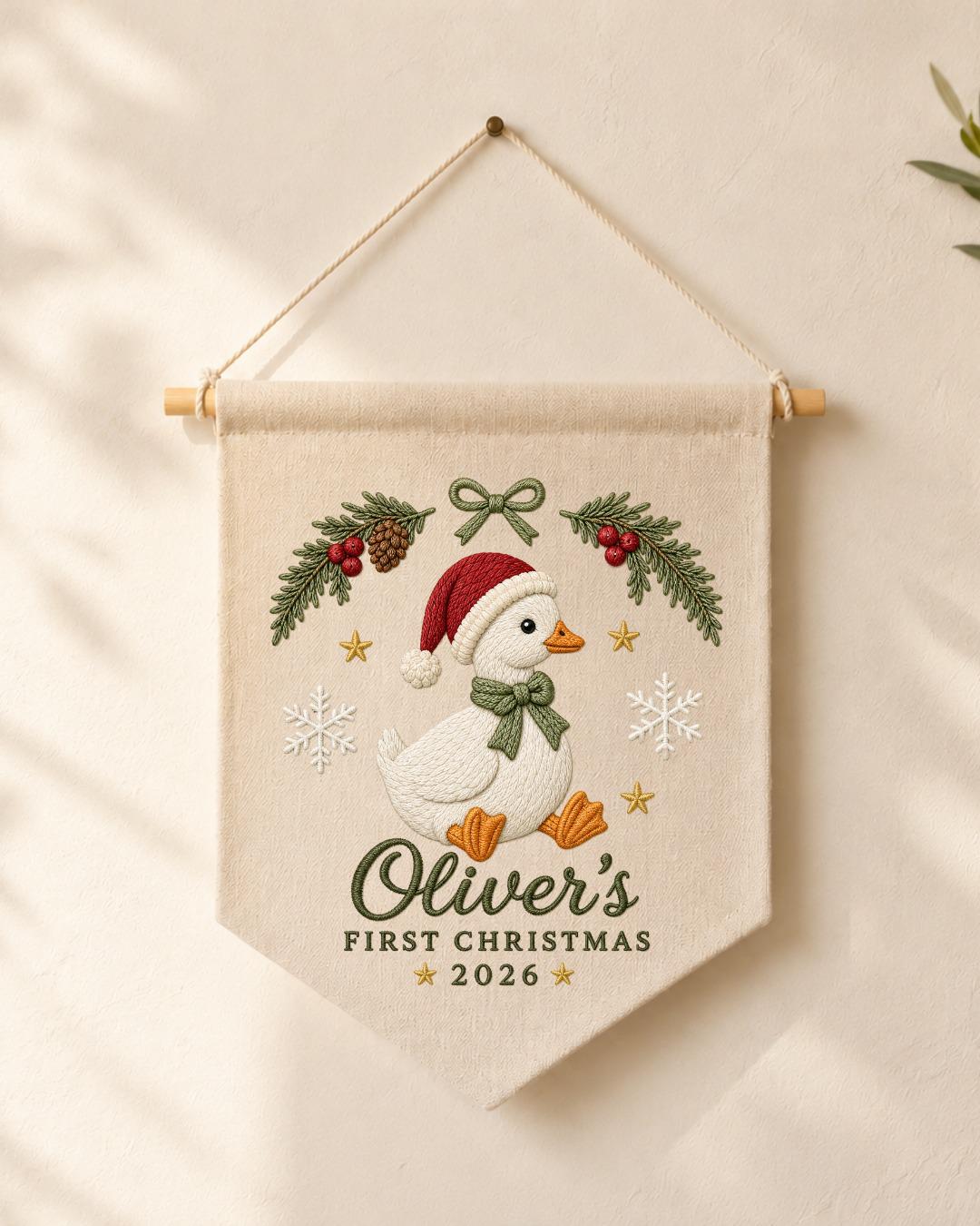 Personalized First Christmas Goose Wall Hanging, Custom Name Embroidered Christmas Banner, Baby Holiday Nursery Decor, Newborn Keepsake Gift