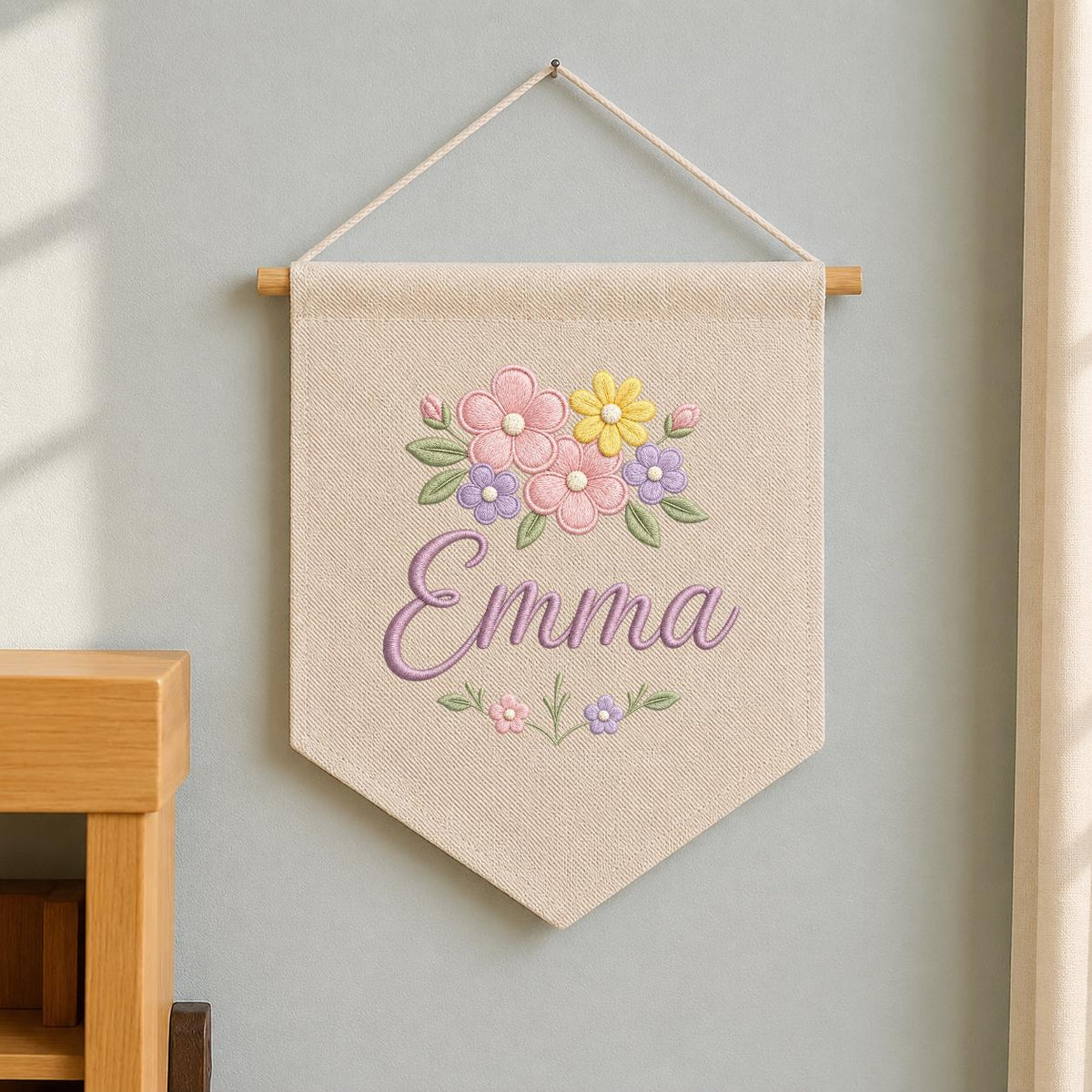 Personalized Pastel Floral Embroidered Banner, Custom Name Baby Girl Nursery Decor