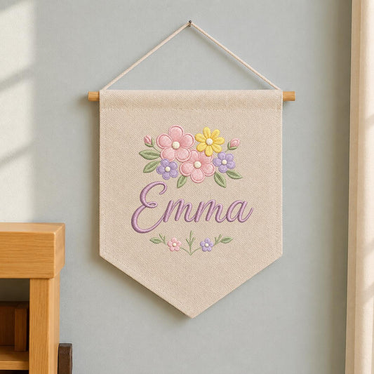 Personalized Pastel Floral Embroidered Banner, Custom Name Baby Girl Nursery Decor