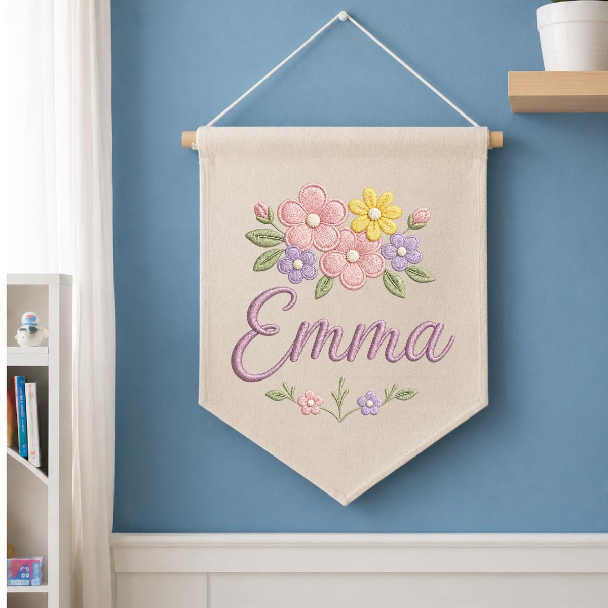 Personalized Pastel Floral Embroidered Banner, Custom Name Baby Girl Nursery Decor