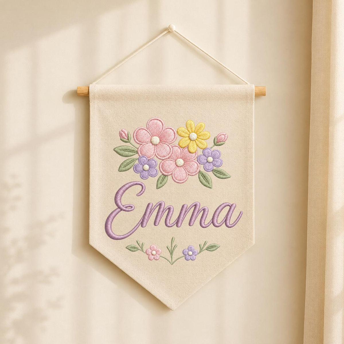Personalized Pastel Floral Embroidered Banner, Custom Name Baby Girl Nursery Decor