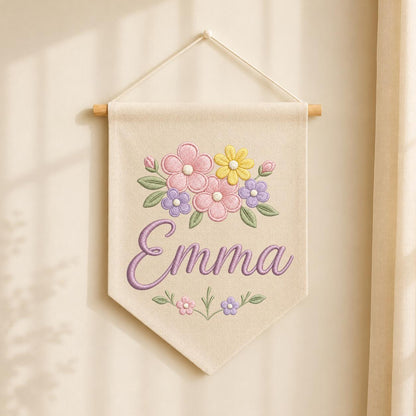 Personalized Pastel Floral Embroidered Banner, Custom Name Baby Girl Nursery Decor