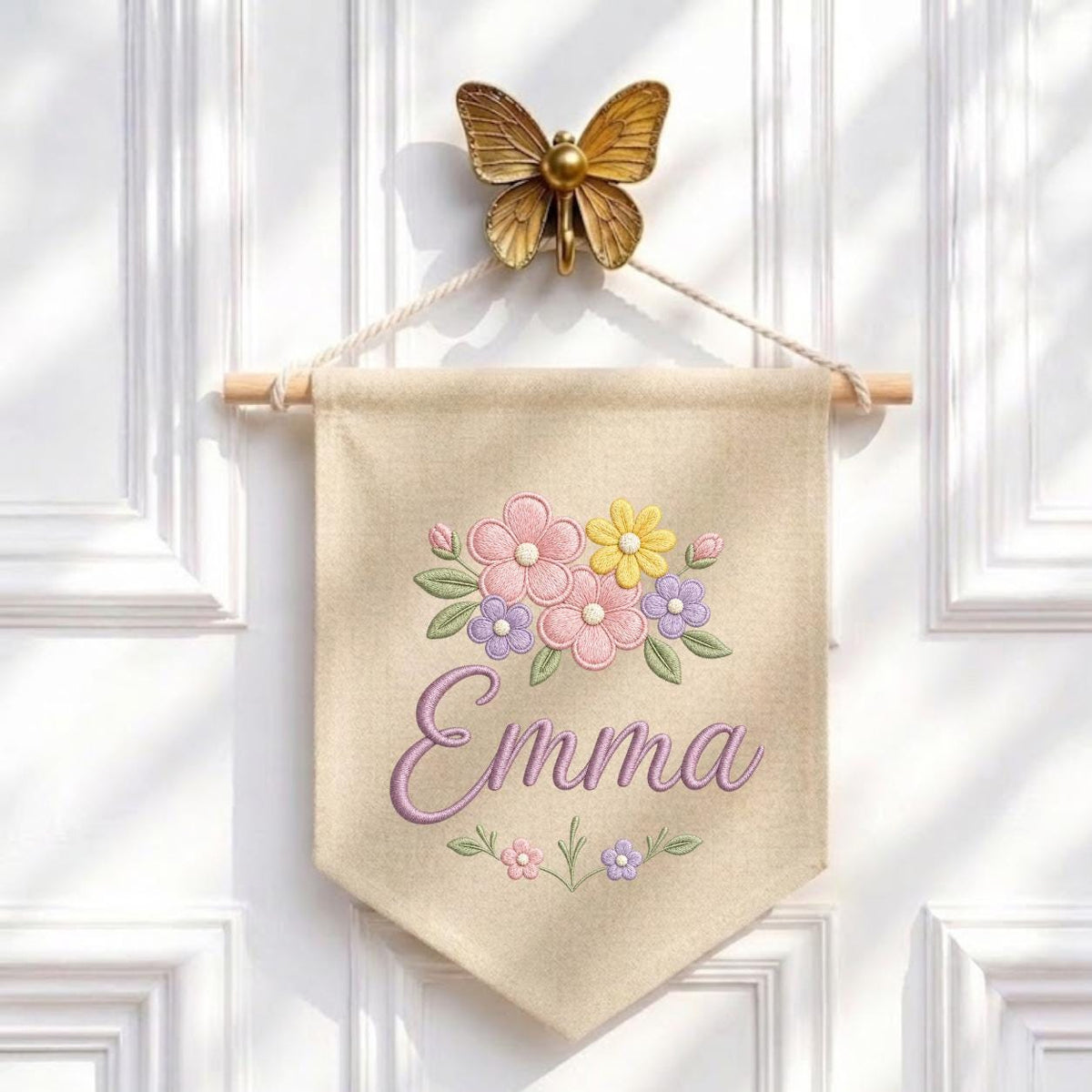 Personalized Pastel Floral Embroidered Banner, Custom Name Baby Girl Nursery Decor