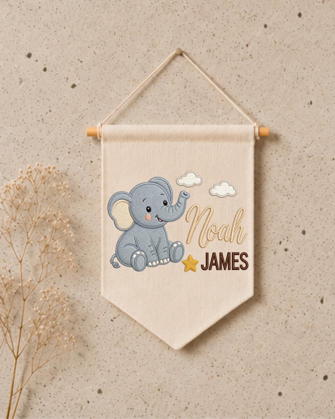 Personalized Elephant Nursery Wall Hanging, Custom Double Name Embroidered Banner, Baby Boy Room Decor, Safari Nursery Gift