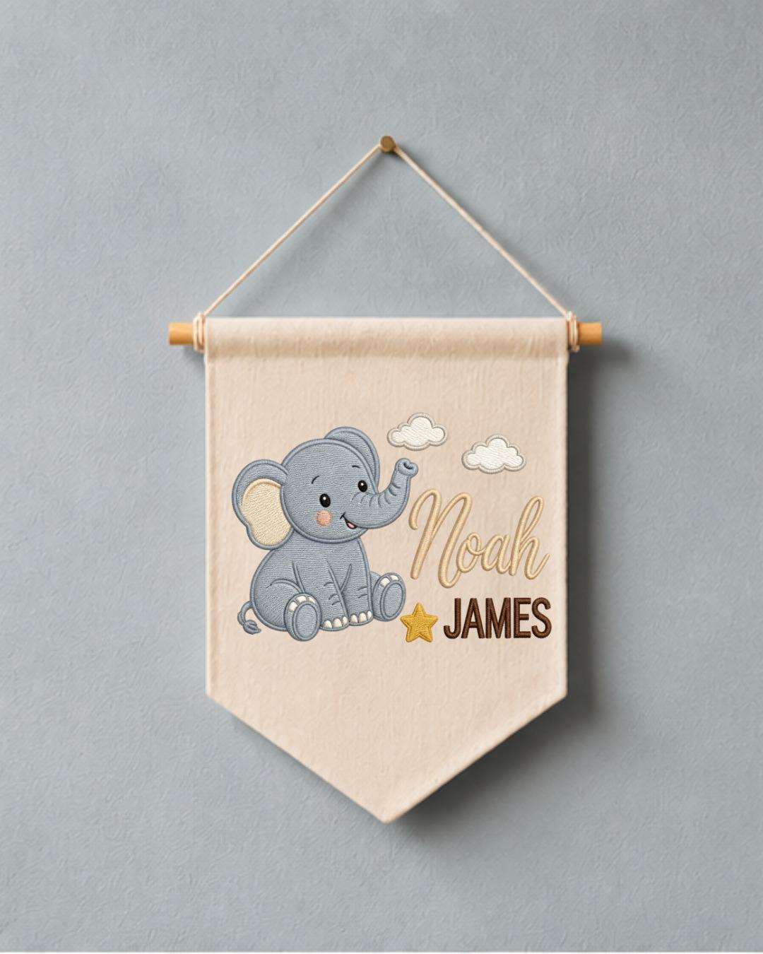 Personalized Elephant Nursery Wall Hanging, Custom Double Name Embroidered Banner, Baby Boy Room Decor, Safari Nursery Gift