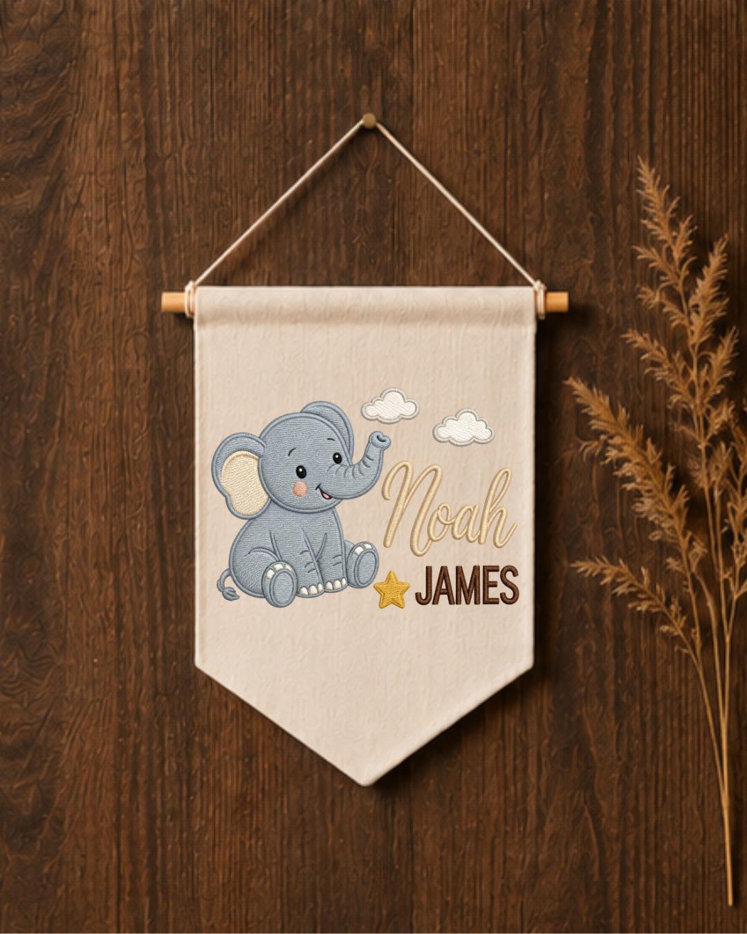 Personalized Elephant Nursery Wall Hanging, Custom Double Name Embroidered Banner, Baby Boy Room Decor, Safari Nursery Gift