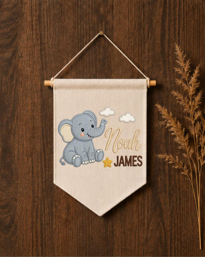 Personalized Elephant Nursery Wall Hanging, Custom Double Name Embroidered Banner, Baby Boy Room Decor, Safari Nursery Gift
