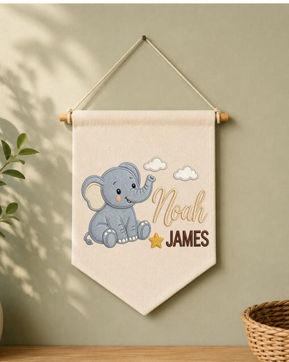 Personalized Elephant Nursery Wall Hanging, Custom Double Name Embroidered Banner, Baby Boy Room Decor, Safari Nursery Gift