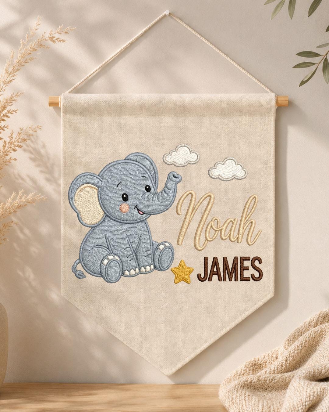 Personalized Elephant Nursery Wall Hanging, Custom Double Name Embroidered Banner, Baby Boy Room Decor, Safari Nursery Gift