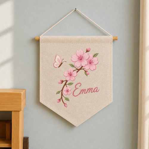 Personalized Embroidered Cherry Blossom Banner, Custom Name Baby Girl Wall Hanging