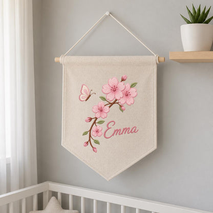 Personalized Embroidered Cherry Blossom Banner, Custom Name Baby Girl Wall Hanging