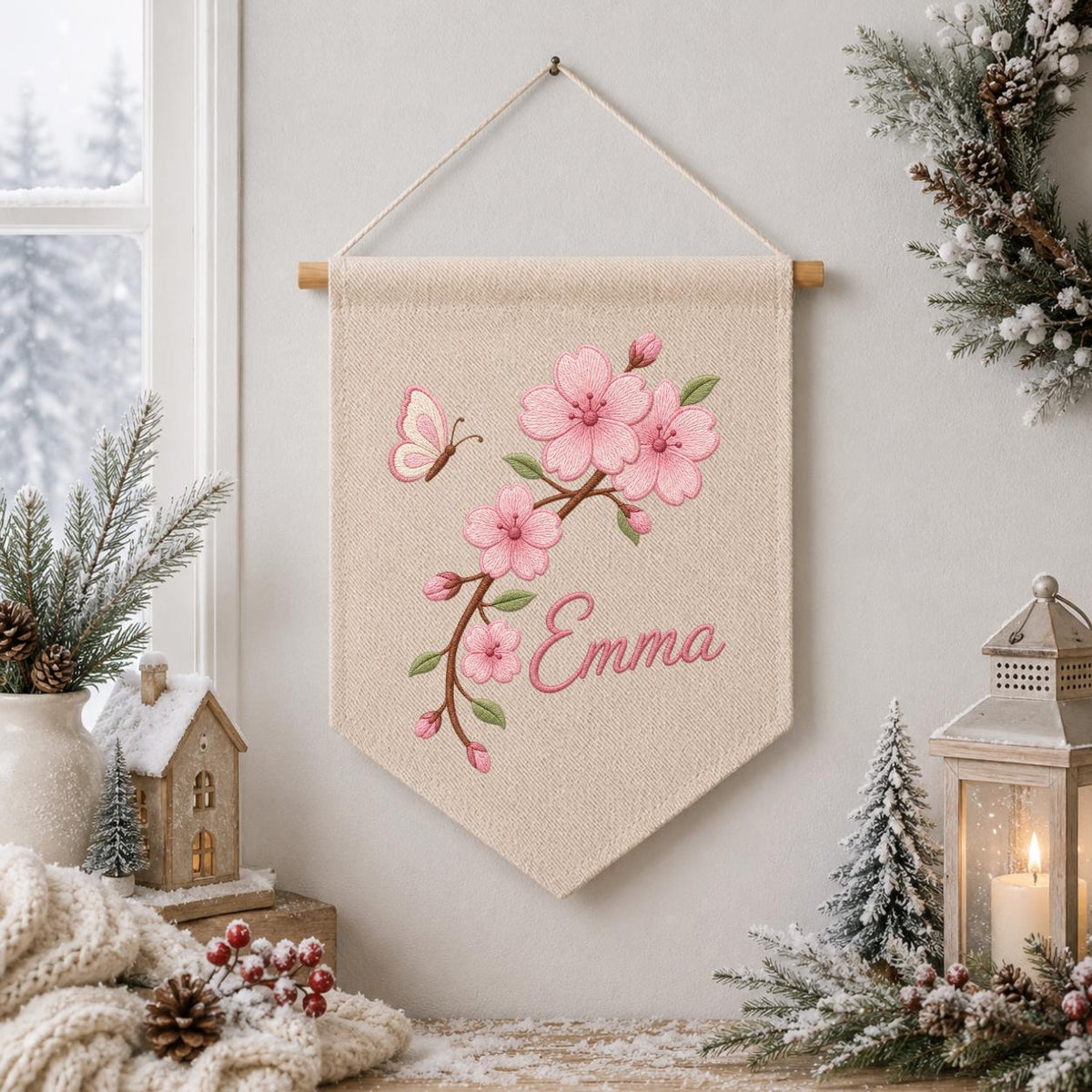 Personalized Embroidered Cherry Blossom Banner, Custom Name Baby Girl Wall Hanging