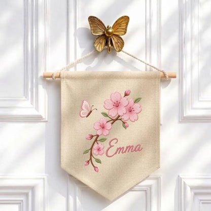 Personalized Embroidered Cherry Blossom Banner, Custom Name Baby Girl Wall Hanging