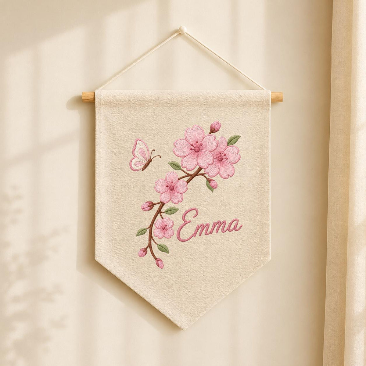 Personalized Embroidered Cherry Blossom Banner, Custom Name Baby Girl Wall Hanging