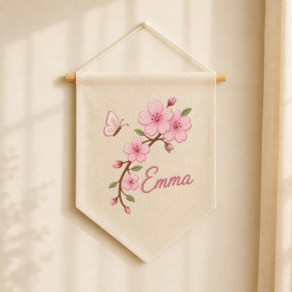 Personalized Embroidered Cherry Blossom Banner, Custom Name Baby Girl Wall Hanging