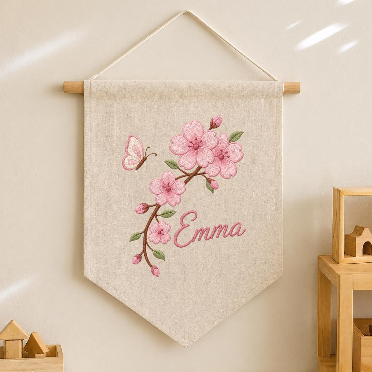 Personalized Embroidered Cherry Blossom Banner, Custom Name Baby Girl Wall Hanging