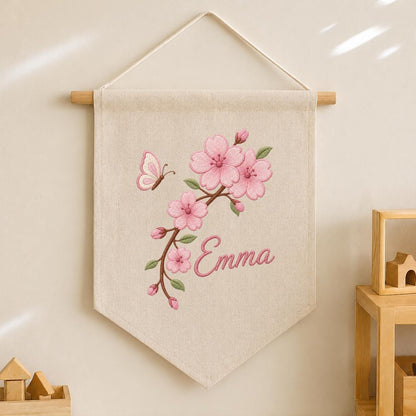 Personalized Embroidered Cherry Blossom Banner, Custom Name Baby Girl Wall Hanging