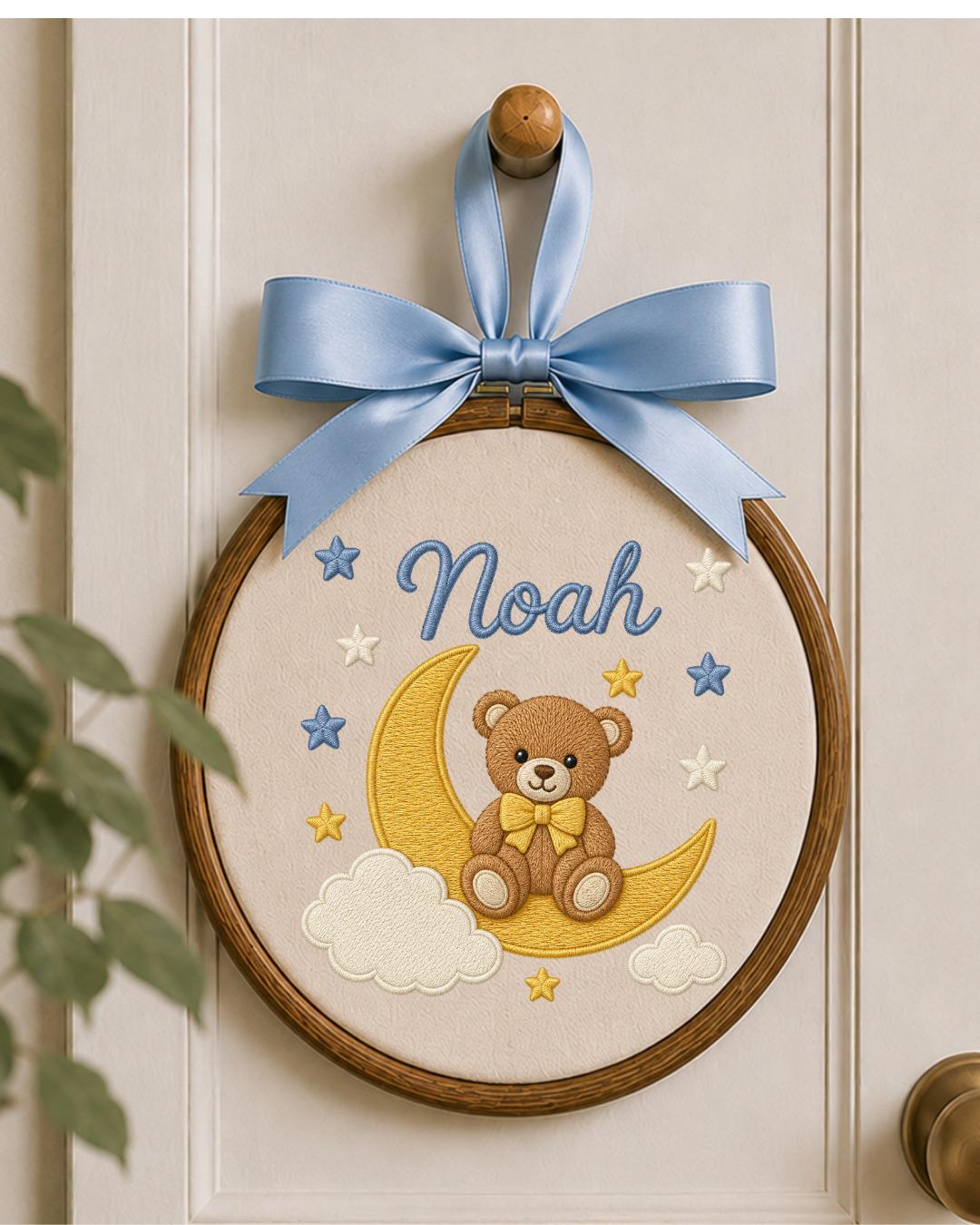 Personalized Embroidered Teddy Bear Ornament, Custom Baby Name Hoop, Moon and Stars Nursery Decor, Baby Boy Gift, Newborn Keepsake