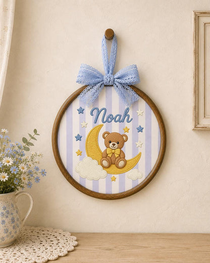 Personalized Embroidered Teddy Bear Ornament, Custom Baby Name Hoop, Moon and Stars Nursery Decor, Baby Boy Gift, Newborn Keepsake