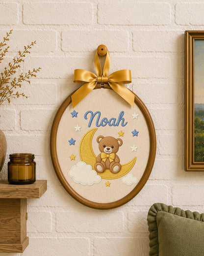 Personalized Embroidered Teddy Bear Ornament, Custom Baby Name Hoop, Moon and Stars Nursery Decor, Baby Boy Gift, Newborn Keepsake
