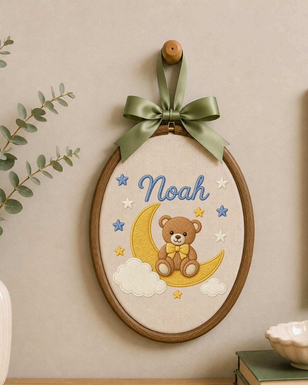 Personalized Embroidered Teddy Bear Ornament, Custom Baby Name Hoop, Moon and Stars Nursery Decor, Baby Boy Gift, Newborn Keepsake