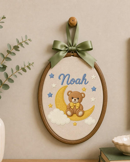 Personalized Embroidered Teddy Bear Ornament, Custom Baby Name Hoop, Moon and Stars Nursery Decor, Baby Boy Gift, Newborn Keepsake