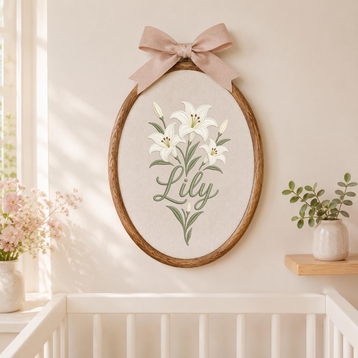 Personalized Embroidered Hoop Art, White Lily Floral Nursery Decor, Custom Name Wall Hanging