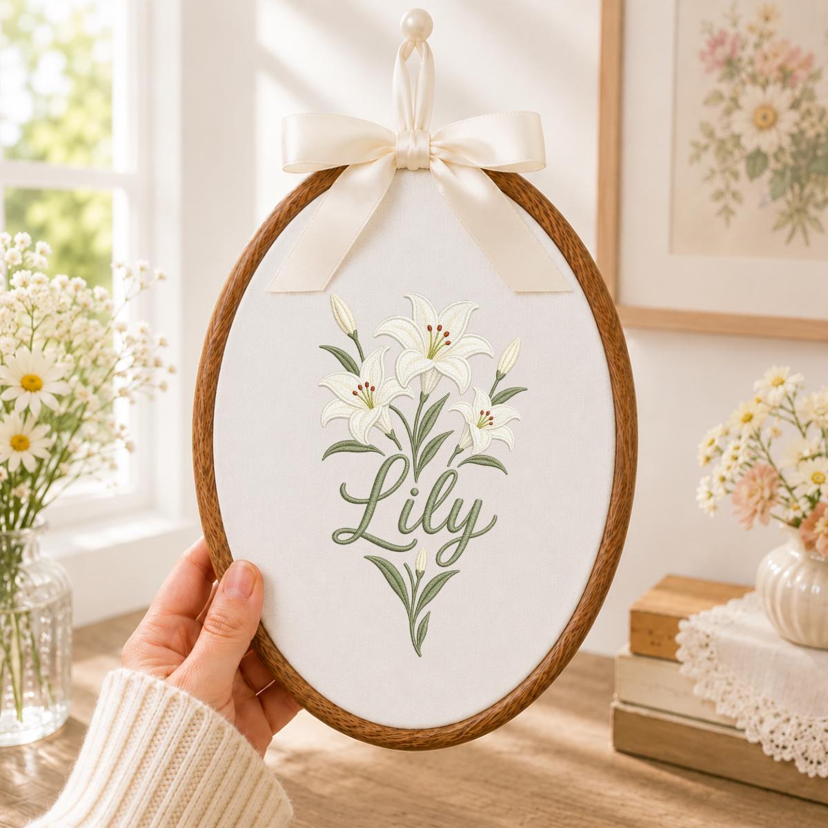 Personalized Embroidered Hoop Art, White Lily Floral Nursery Decor, Custom Name Wall Hanging
