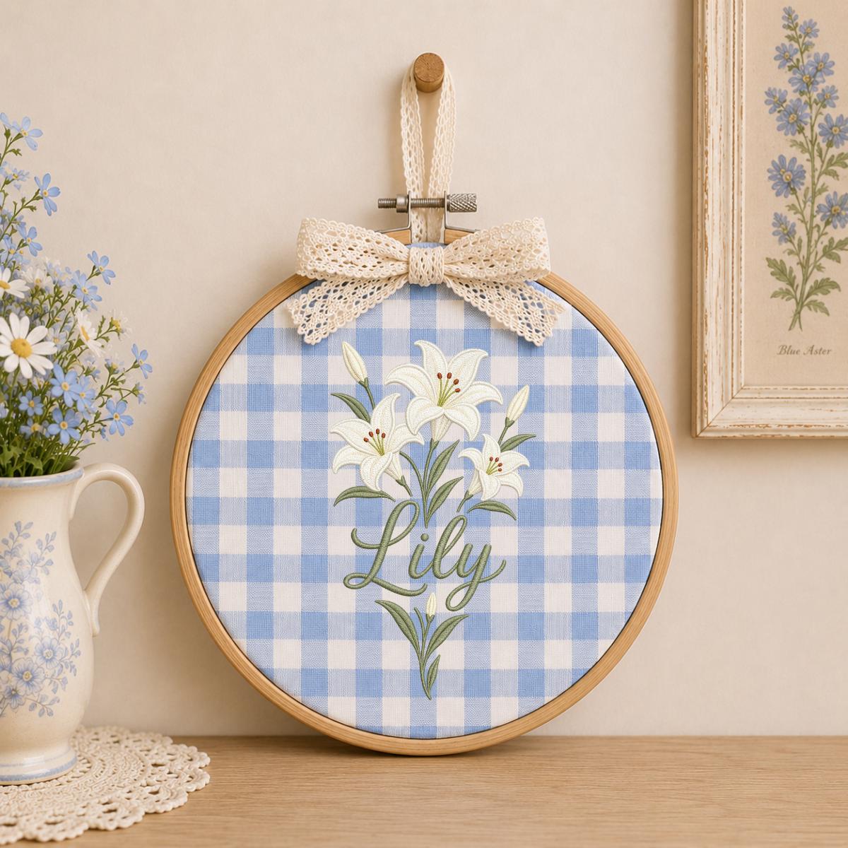 Personalized Embroidered Hoop Art, White Lily Floral Nursery Decor, Custom Name Wall Hanging