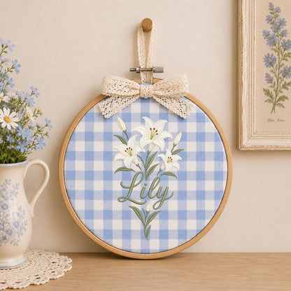 Personalized Embroidered Hoop Art, White Lily Floral Nursery Decor, Custom Name Wall Hanging
