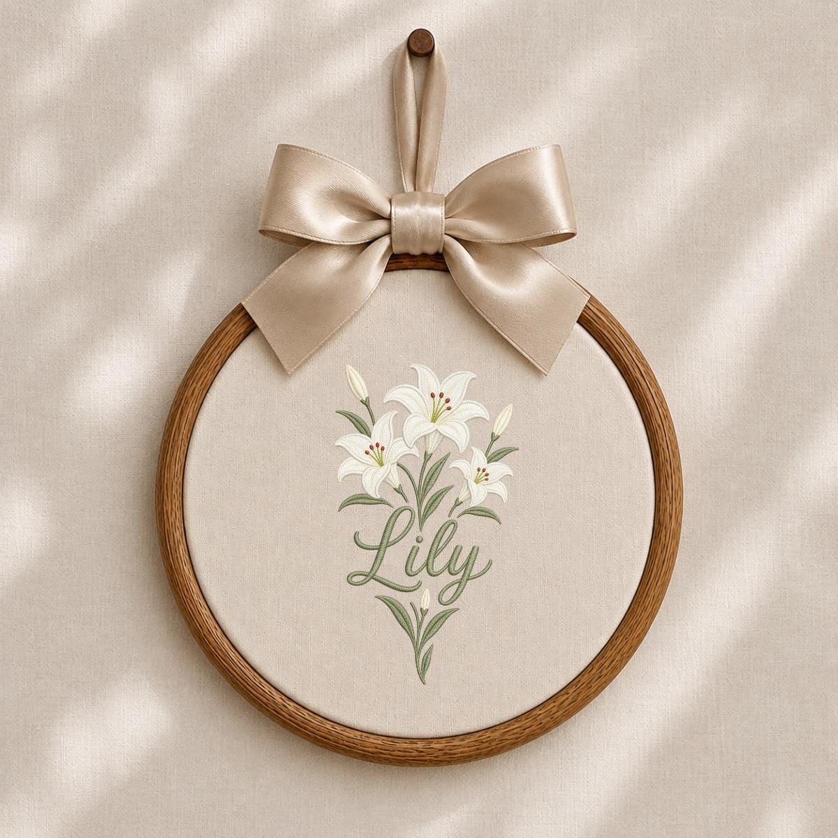 Personalized Embroidered Hoop Art, White Lily Floral Nursery Decor, Custom Name Wall Hanging