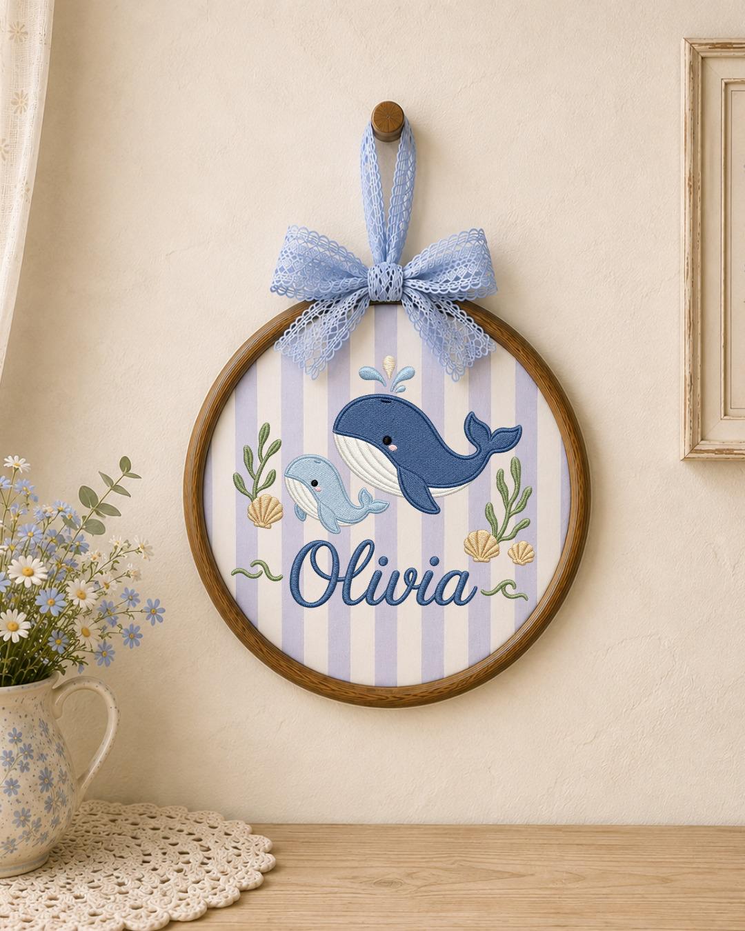 Personalized Embroidered Whale Ornament, Custom Baby Name Hoop, Ocean Nursery Wall Decor, Baby Girl Gift, Newborn Keepsake