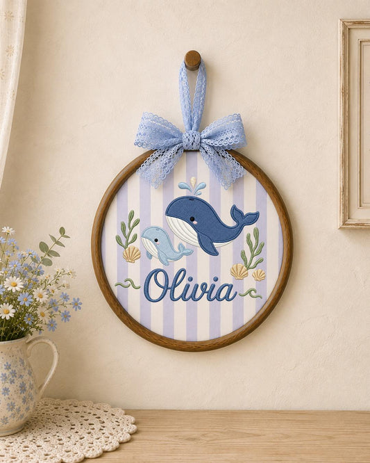Personalized Embroidered Whale Ornament, Custom Baby Name Hoop, Ocean Nursery Wall Decor, Baby Girl Gift, Newborn Keepsake